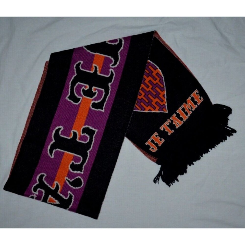 JONATHAN ADLER "JE T'AIME'' Knit Scarf with Fringe Black Purple Orange Heart